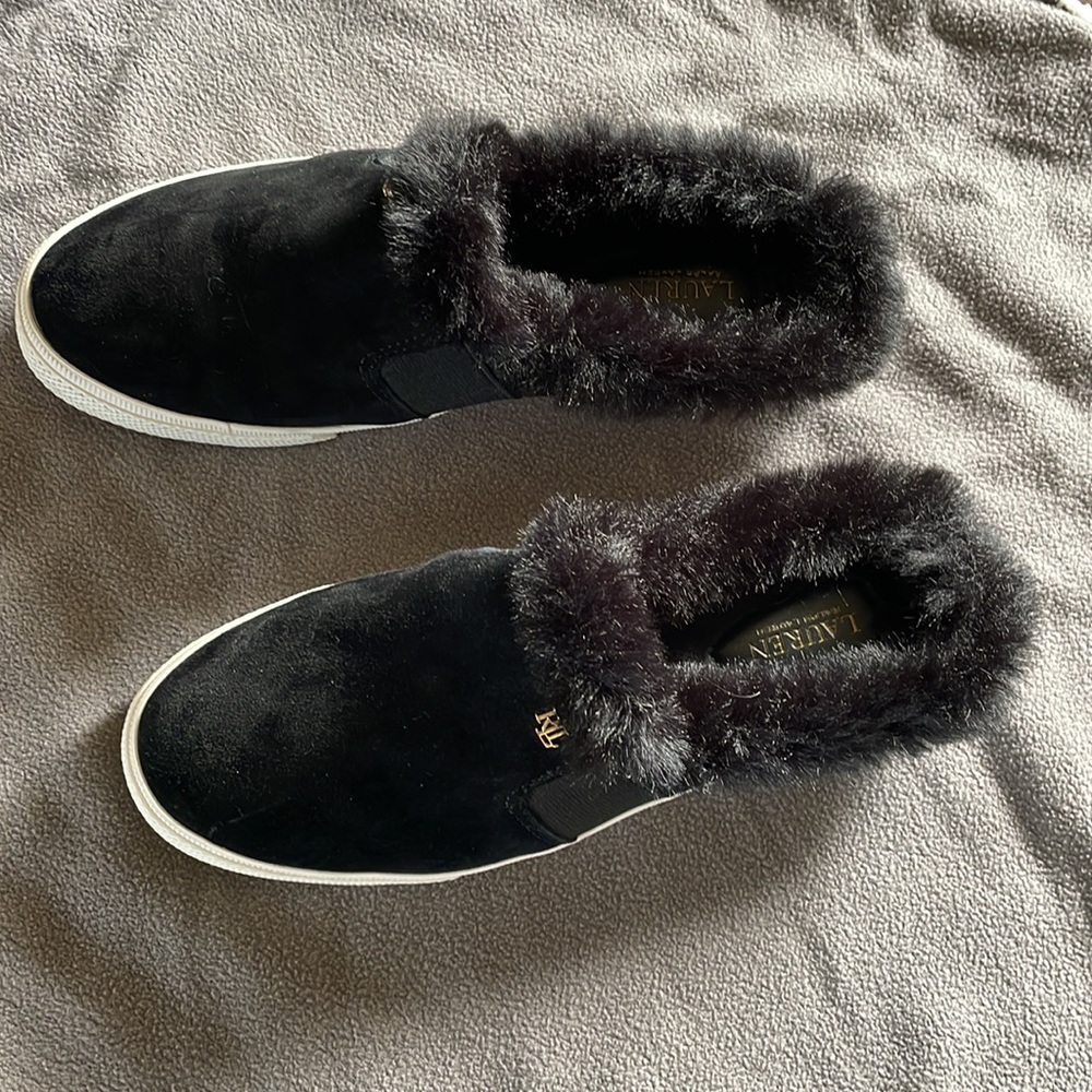 Ralph Lauren Women’s Jinny Mule, suede and flax fur slip ons size 7